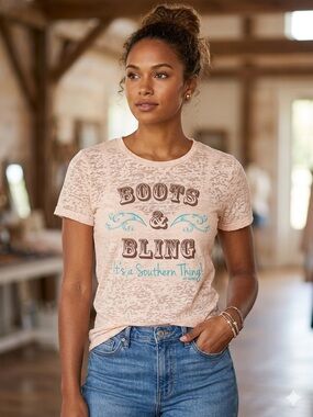 Kavio Pink 'Boots & Bling' Graphic Tee with Turquoise Accents